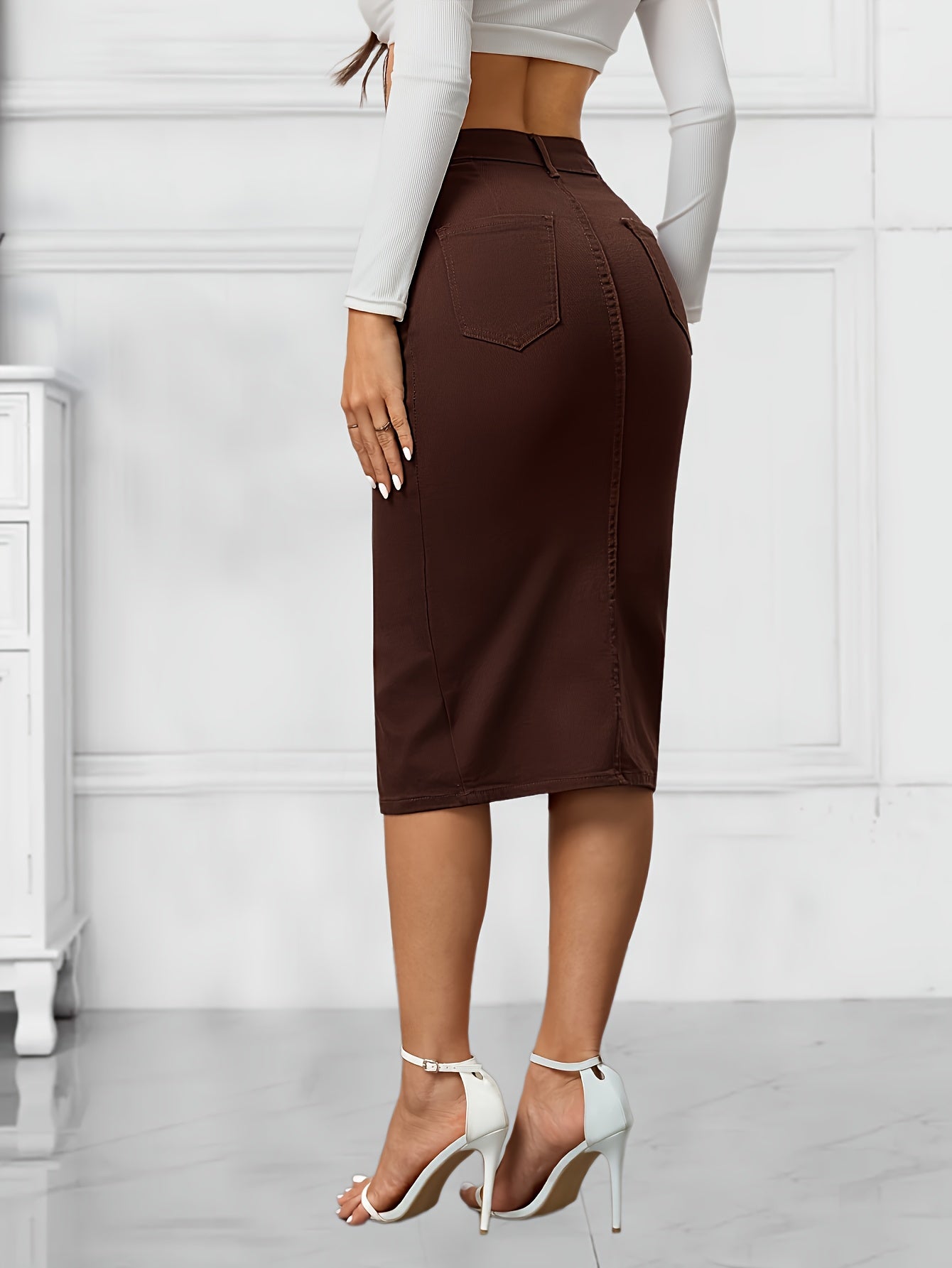 Jupe Crayon - Marron - Coton - Fendue