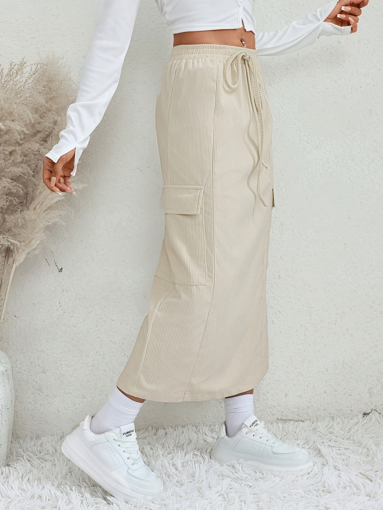 Jupe Longue - Beige - Velour Cotelé - Fendue