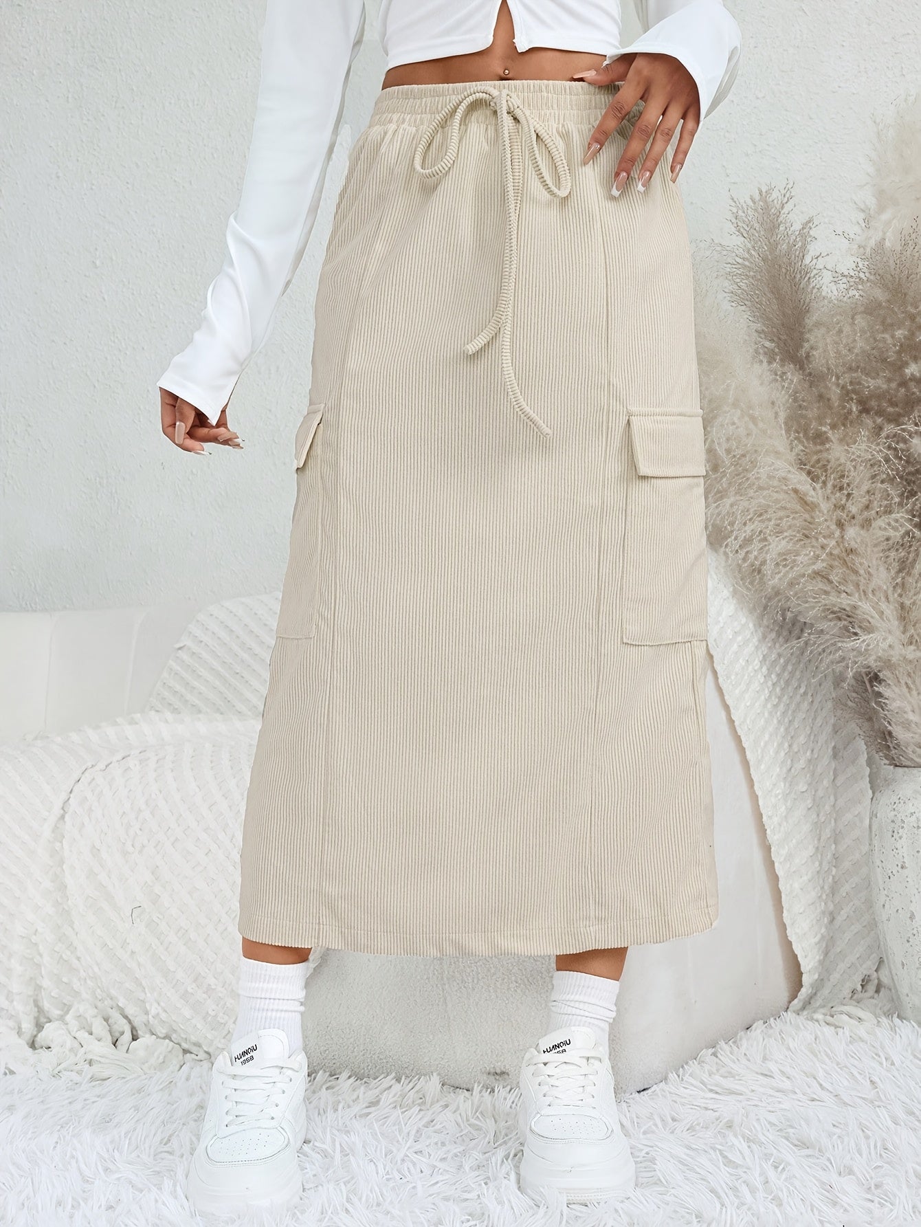 Jupe Longue - Beige - Velour Cotelé - Fendue