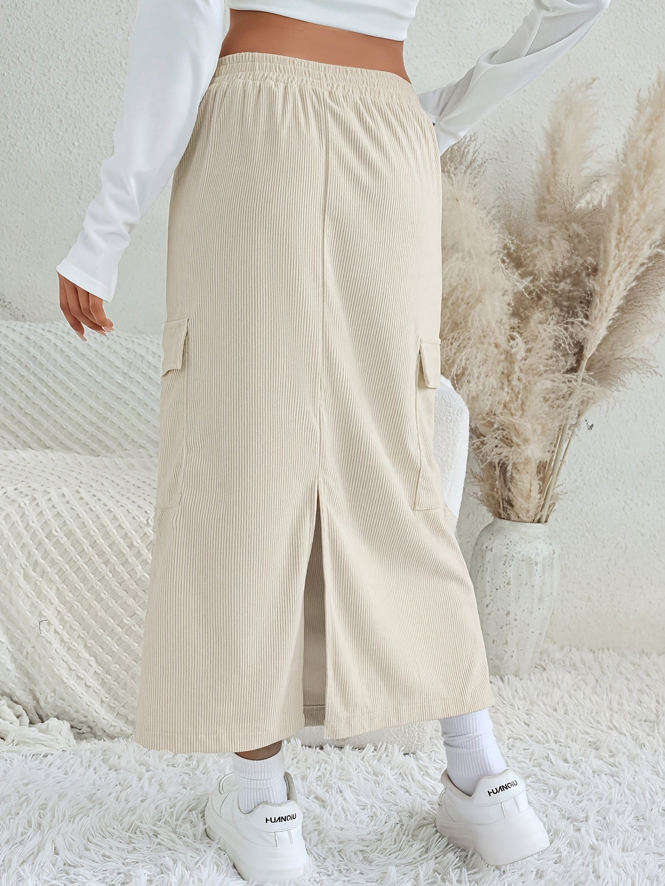 Jupe Longue - Beige - Velour Cotelé - Fendue