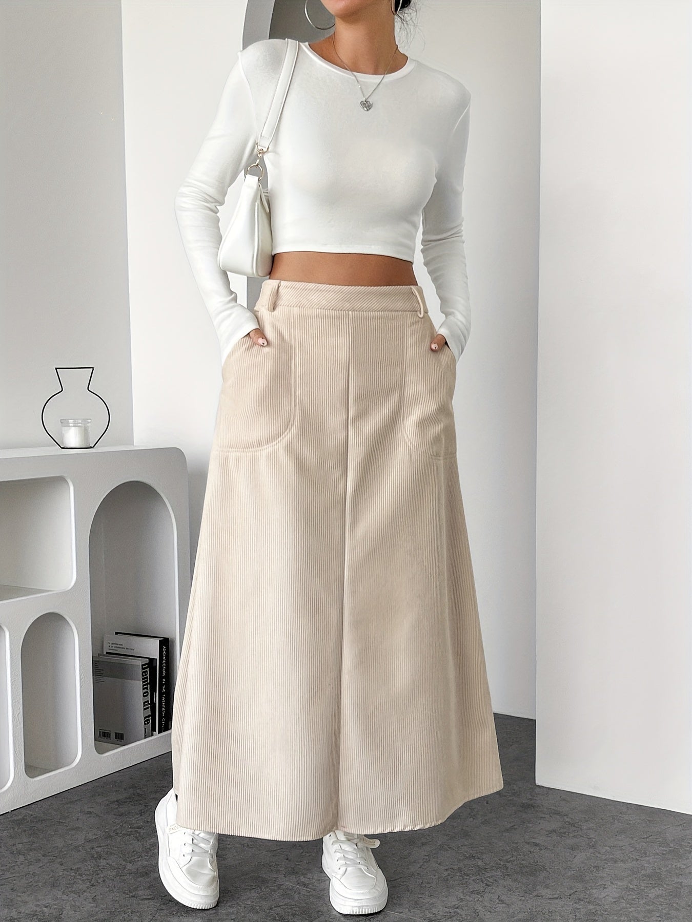 Jupe Longue - Beige - Velour Cotelé - Haute Taille