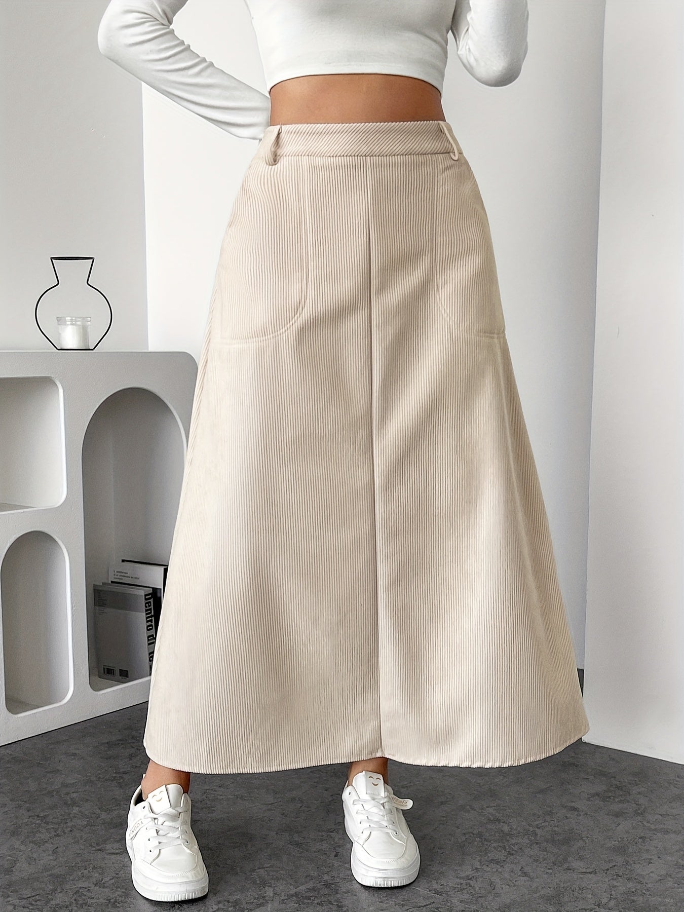 Jupe Longue - Beige - Velour Cotelé - Haute Taille