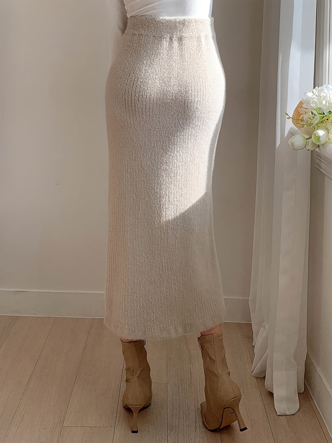 Jupe Longue - Beige - Maille de Laine - Fendue