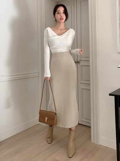 Jupe Longue - Beige - Maille de Laine - Fendue