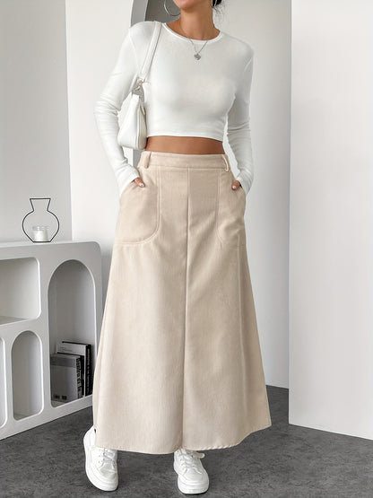 Jupe Longue - Beige - Velour Cotelé - Haute Taille